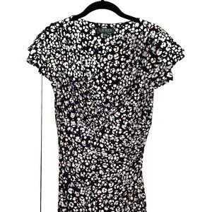 Ralph Lauren Dress Women 4 Black White Floral Faux Wrap Y2K Stretch Office